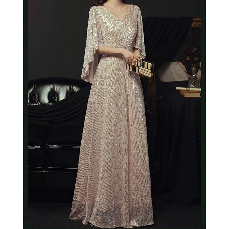 พร้อมสต็อก Choir Dress Noble Golden French Light Luxury High-End Niche Performance Host จัดเลี้ยง Classy Dress