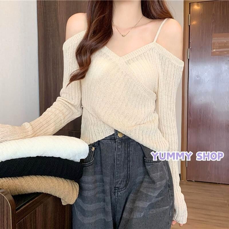 Yummy Shop พร้อมส่ง【6533】เสื้อไหมพรมเปิดไหล่ น่ารักสไตล์เกาหลีมากผ้านิ่มสุด