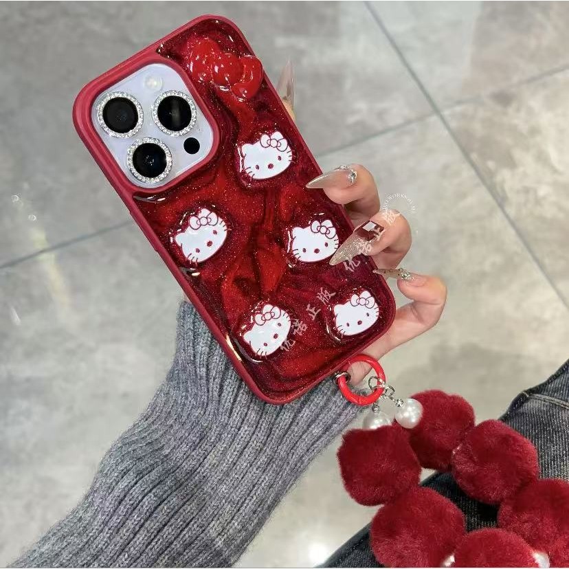 หรูหราสีแดงglitter 3D Hello Kittyพร้อมสร้อยข้อมือเคสโทรศัพท์สําหรับiPhone 16 15 Pro Max 14 13 12 11 16 Plusปลอกกันกระแทกป้องกันกล้องรวมทุกอย่างฮาร์ดปกหลังIPhone