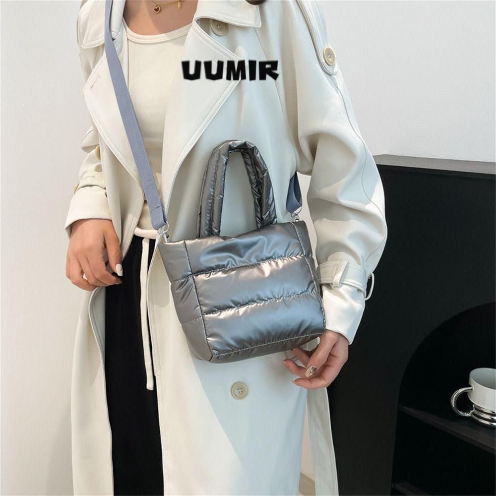 UUMIR กระเป๋าใต้วงแขน, ลงผ้าฝ้ายเบาะสีทึบไหล่กระเป๋า Messenger แฟชั่นขนาดใหญ่ความจุน้ําหนักเบา Puffy กระเป๋าถือผู้หญิงหญิง