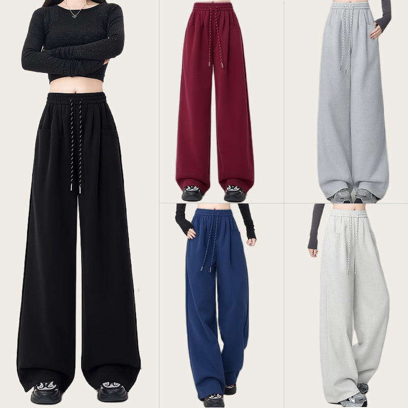 Suysuy พร้อมส่ง กางเกงขายาว เอวสม็อค มีเชือกรูด ทรงขากระบอกใหญ่ กระเป๋าด้านหน้า 2 ข้าง เนื้อผ้าวอร์ม สไตล์เกาหลี