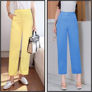 กางเกงขายาวสีพาสเทล กางเกงเอวยางยืด ผ้ายืด กางเกงเอวสูง มีกร…