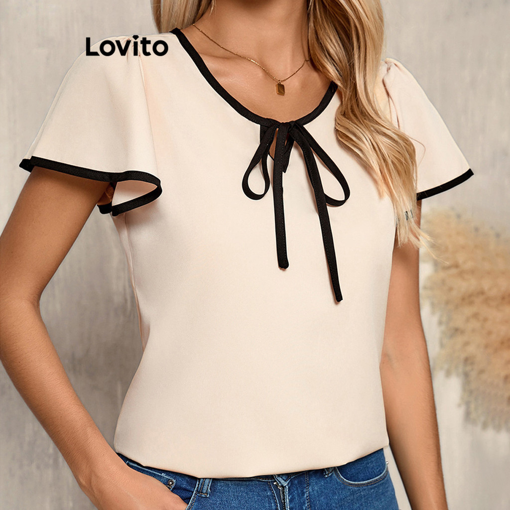 Lovito เสื้อเบลาส์เย็บผ้า ระบายสำหรับผู้หญิงลูกไม้ธรรมดาหรูหรา LBL16716