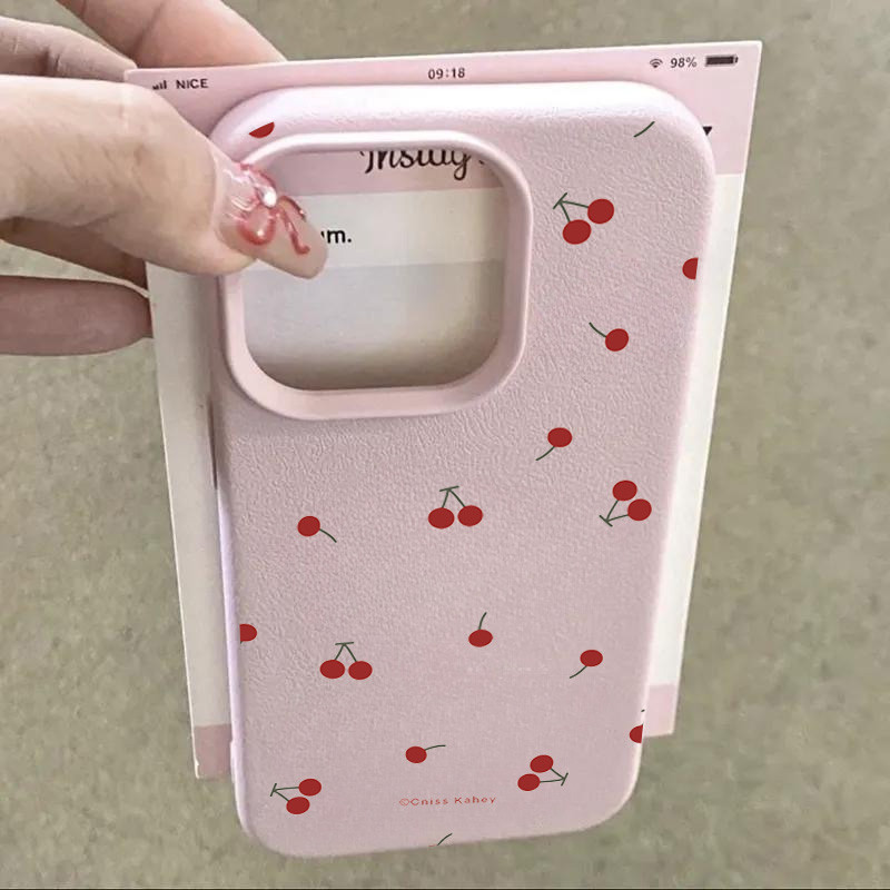 น่ารักสีแดงเชอร์รี่ลิ้นจี่รูปแบบสําหรับiphone 16 15 14 13 12 11 Pro Max Plus XR X XS Maxหรูหราผิวรู้สึกหนังเนื้อกันกระแทกปกอ่อน