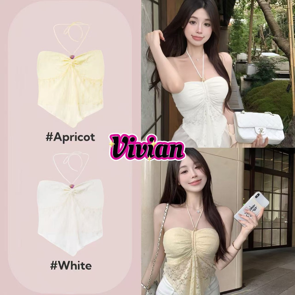 Vivian เสื้อเกาะอกไหมพรม แต่งสายคล้องคอ แต่งลูกไม้ สไตล์เปิดไหล่ สลิมฟิต เซ็กซี่ ใส่สบาย สไตล์ลำลอง#Y0907