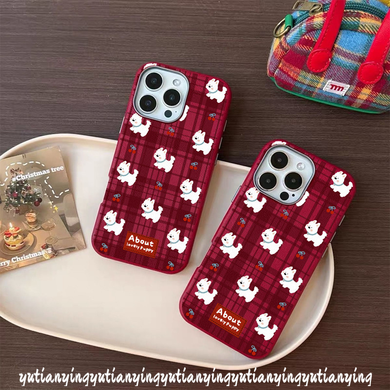 Creative แฟชั่นตารางน่ารัก Puppy Sweet Cherry สําหรับ IPhone 15 13 11 16 14 12 Pro Max XR 16 15 14 Plus 16Plus X XS Max โลหะหรูหราเลนส์กรอบหนังกรณี