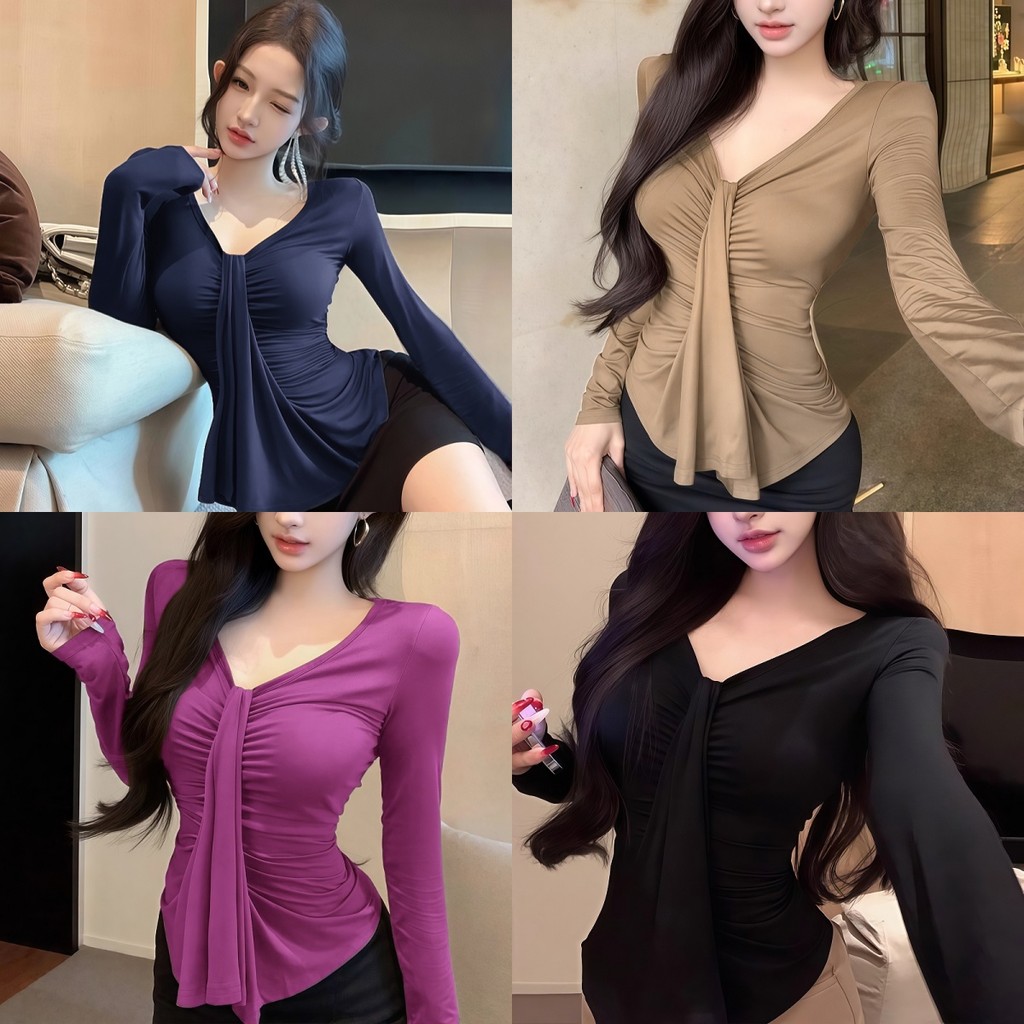 Suysuy พร้อมส่ง เสื้อแขนยาว ทรงคอวี ดีไซน์สม็อคกลาง แต่งสายคาดอก สไตล์สาวเวียดนาม ผ้าเรยอน ยืดได้เยอะมาก น่ารักสุดๆ