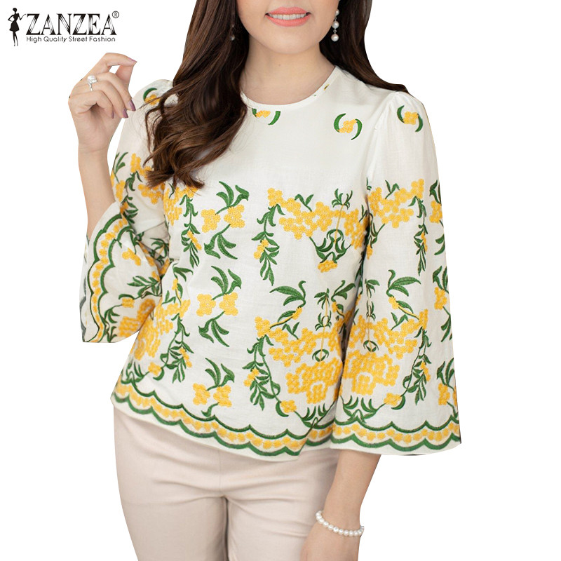 Zanzea ผู้หญิงเกาหลี Elegant Crew Neckline พิมพ์ลายดอกไม้ Wave Trim Cinched เอวเสื้อ