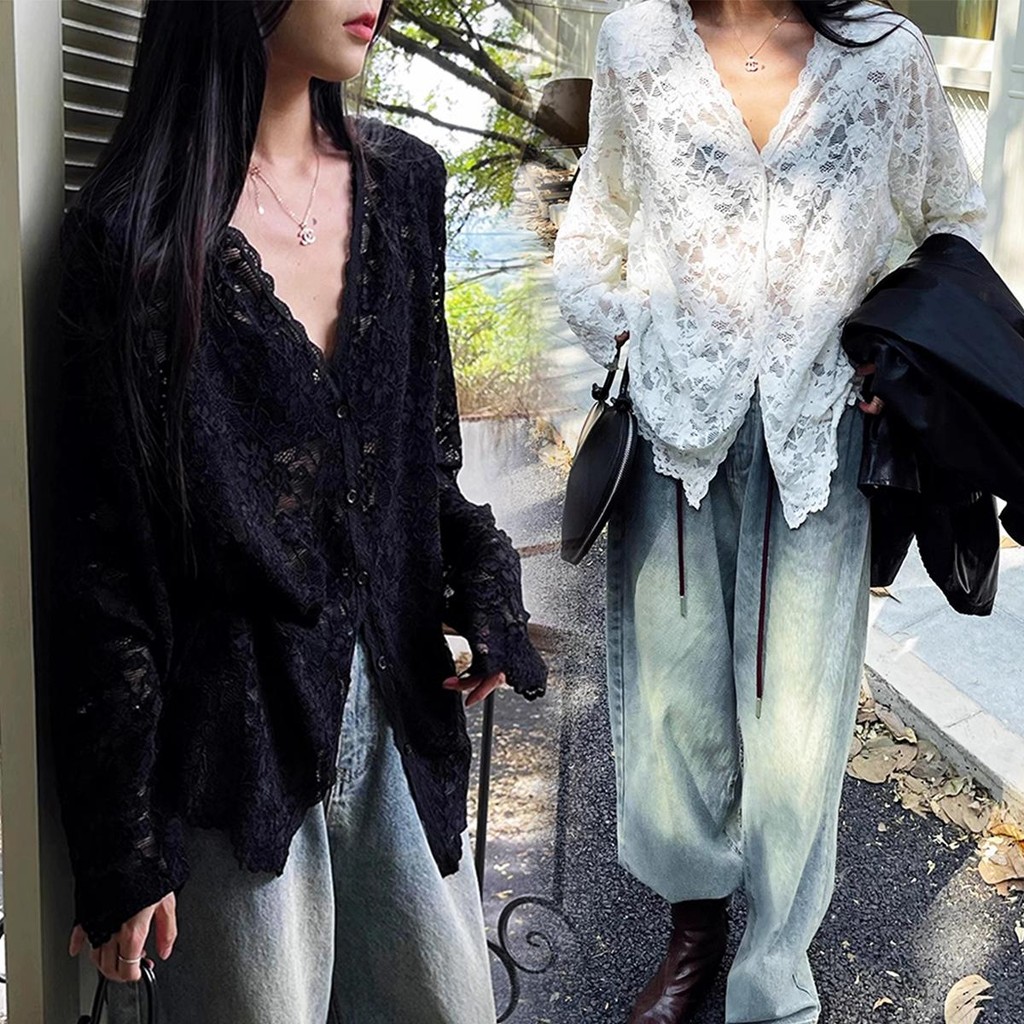KOKO#(พร้อมผ้ารองไหล่)เสื้อเชิ้ตแขนยาวสำหรับผู้หญิงดีไซน์น่ารักและเซ็กซี่ ท็อปส์ซูลูกไม้กลวงออก#W543