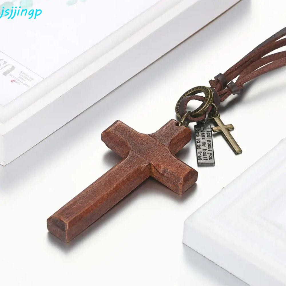 JSJJINGP สร้อยคอไม้กางเขนแฮนด์เมด,คาทอลิกรถแขวนเครื่องประดับไม้ข้ามสร้อยคอ,คาทอลิกเครื่องประดับอุปกรณ์เสริมสีน้ําตาลลึกทนทานศาสนาไม้กางเขนจี้โซ่อธิษฐาน