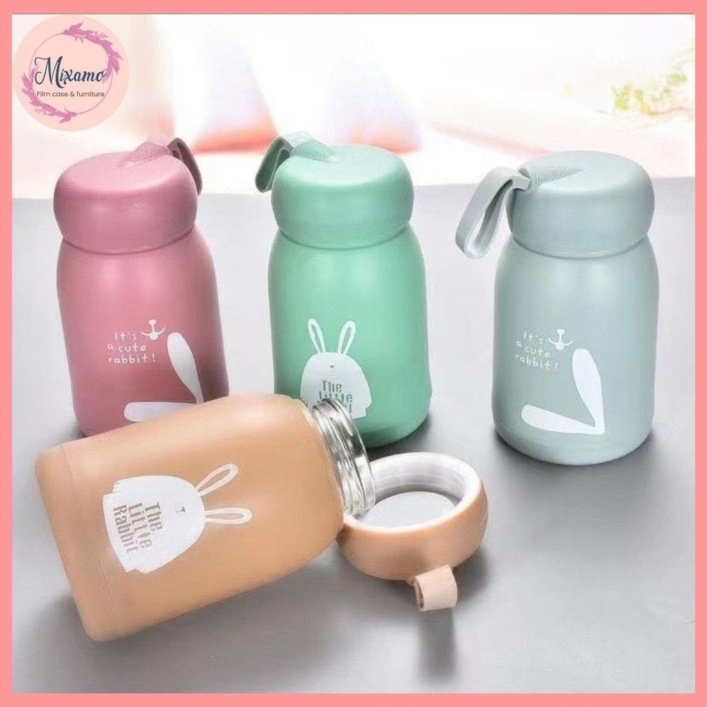 --MXM--กระบอกน้ำ 330ml. ขวดแก้วใส่น้ำ พร้อมปลอกซิลิโคน กันความร้อน ลายกระต่าย กันตกหล่น แบบพกพา #AJ-0026