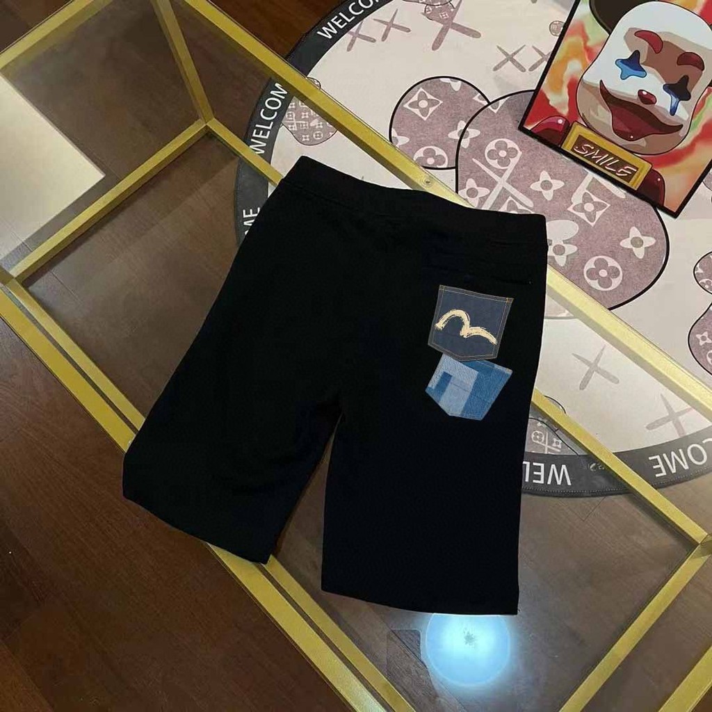 EVISU กางเกงกีฬาขาสั้นผู้ชายพิมพ์ลายแบบใหม่