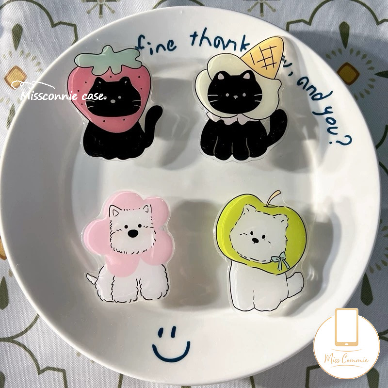 อินเทรนด์น่ารักสตรอเบอร์รี่สีดําลูกแมวยืนไอศกรีมลูกสุนัขที่วางโทรศัพท์คู่สร้างสรรค์แมวสุนัขผลไม้ดอกไม้ Bracect