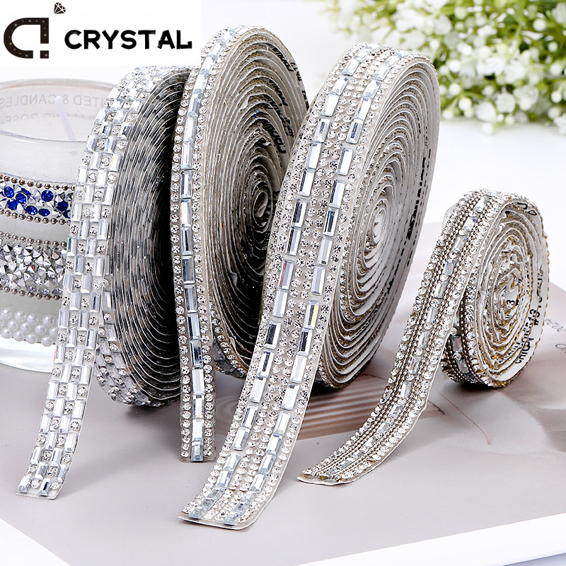 1yard Self กาวแก้วใส Rhinestone Trim เทป Strass คริสตัลริบบิ้นแถบ Diy รถความงามหน้าแรกสติกเกอร์ตกแต่ง Crattfs
