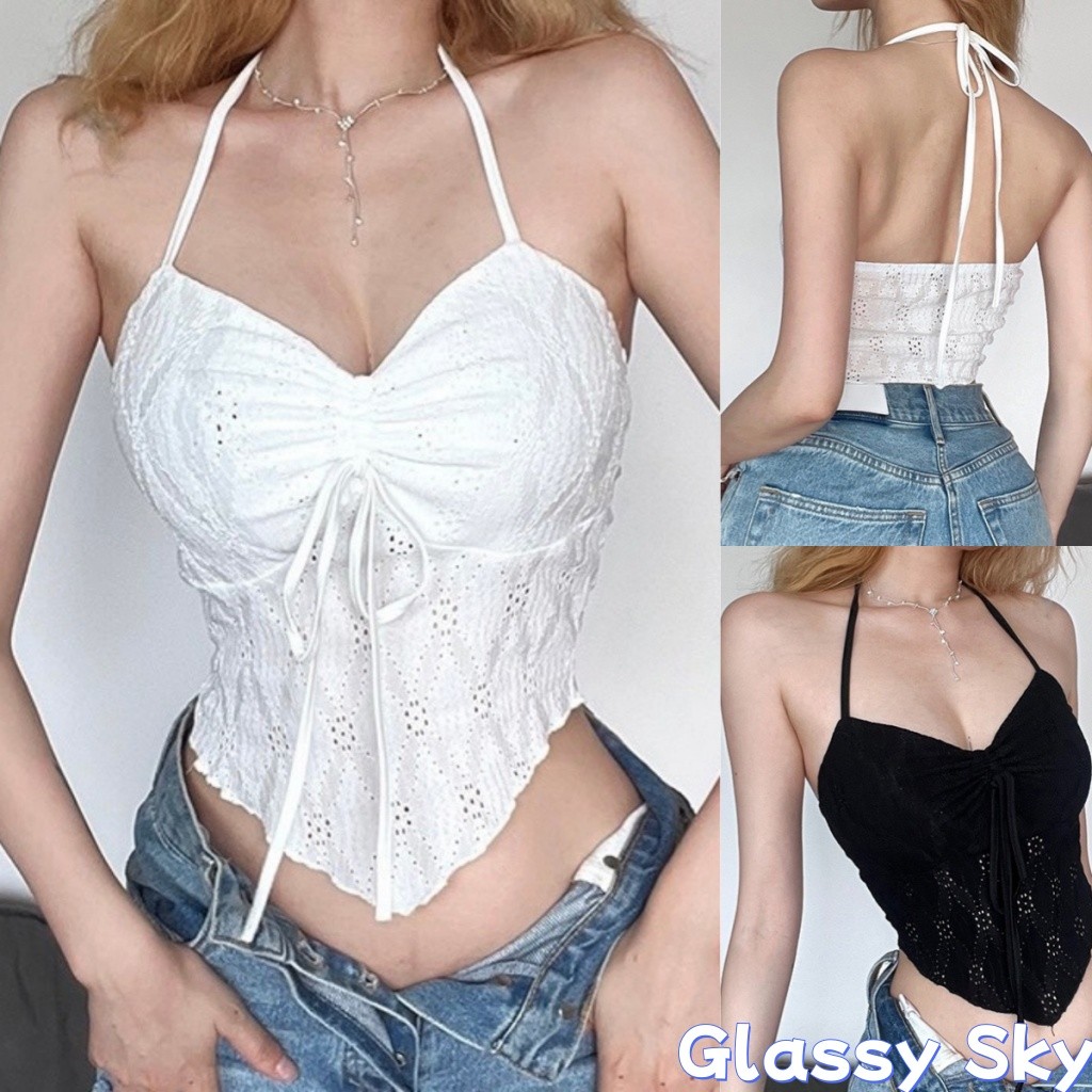 Glassy Sky 💖พร้อมส่ง💖เสื้อคล้องคอ มีฟองน้ำ ดีเทลลายฉลุ น่ารัก เสื้อกล้ามผู้หญิง(FY9064)