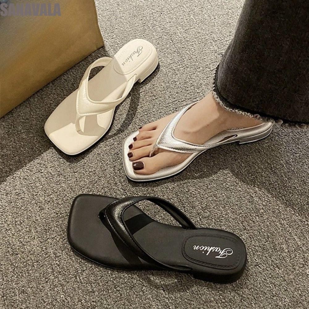SANAVALA รองเท้าแตะ Flip Flop, รองเท้าแตะสแควร์ Toe สีทึบหรูหรา, แฟชั่นพื้นรองเท้ากันลื่น Beachwear รองเท้าแตะนุ่มสําหรับผู้หญิงในร่มกลางแจ้ง