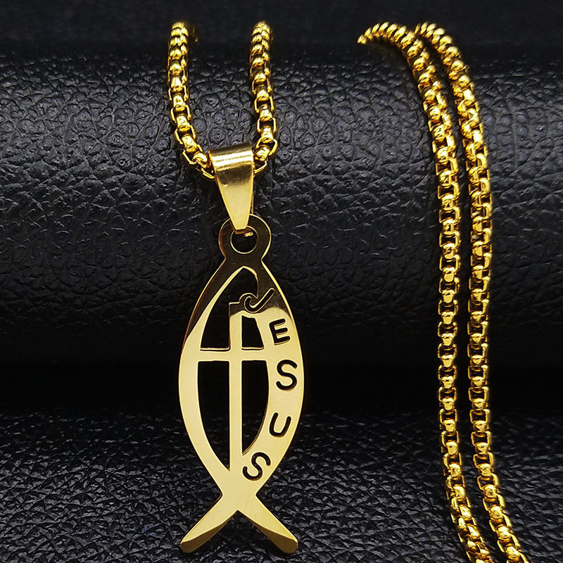 อิชธิส พระเยซูปลาข้ามคริสต์พระเจ้าจี้สร้อยคอสําหรับผู้หญิงผู้ชายสแตนเลสสีทองคริสเตียนโซ่เครื่องประดับ