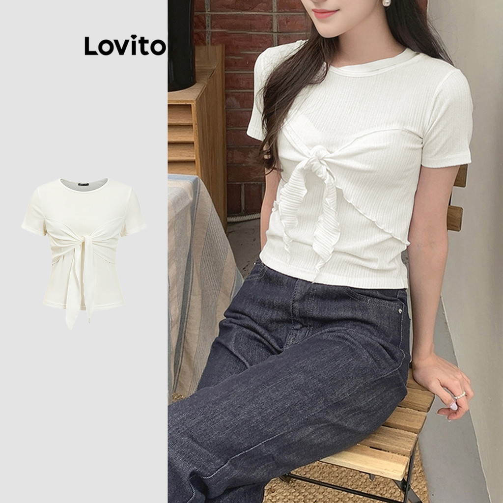 Lovito เสื้อยืดผู้หญิง แบบผูกเชือก สีพื้น สไตล์ลำลอง L91AD287