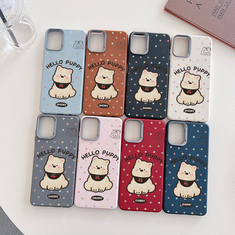 ปลอกสําหรับ OPPO Reno 10 12F 12Pro 11F 11Pro 5 5F 4F 8 INS น่ารักลูกสุนัขสีขาวหนังเคสโทรศัพท์เรียบง่าย Anti-fall กันกระแทก + เลนส์ป้องกันนุ่มปกหลังสีชมพู