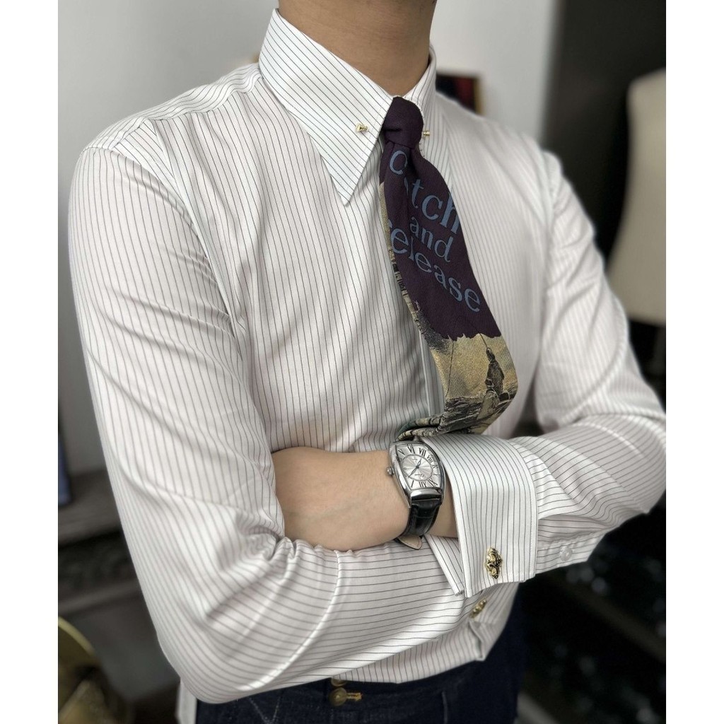 หรูหราผ้าฝ้ายแท้% 100 High Core Imperial Collar Pin All-Match บางแถบผู้ชาย Slim-fit แขนยาวภาษาฝรั่งเศสคํา Cufflinks เสื้องานแต่งงาน