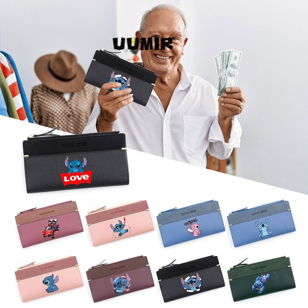 Uumir Stitch Long Wallet, กระเป๋าใส่เหรียญ PU แบบพกพา, แฟชั่น Mickey Minnie การ์ตูนรูปผู้ถือบัตร Lady