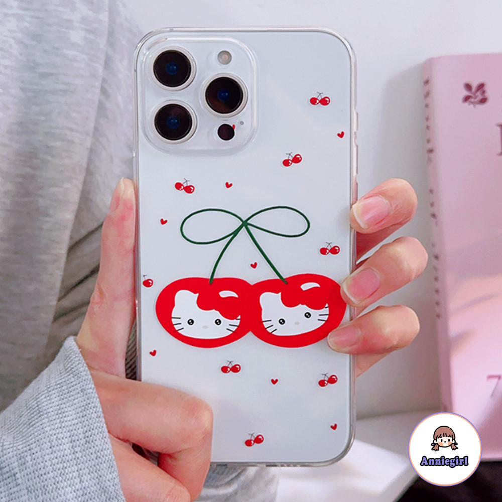 น่ารัก Kitty Cat Cherry โปร่งใสเคสโทรศัพท์สําหรับ IPhone 11 15 16 Pro MAX 16 Plus 12 13 14 Promax XS MAX XR 8 7 Plus ป้องกันฝุ่น Soft TPU โทรศัพท์ปกหลัง