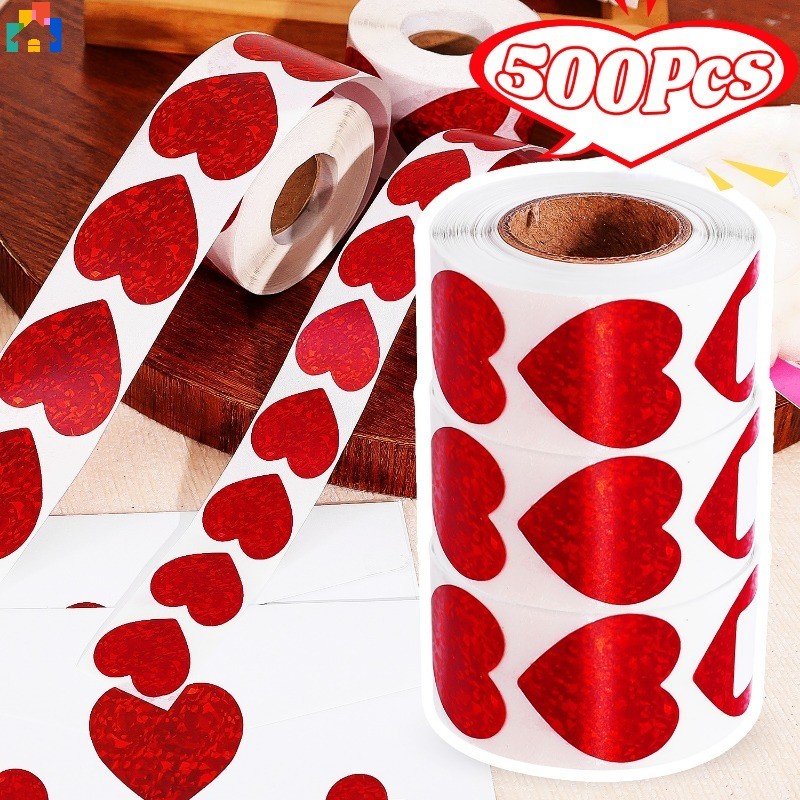500 ชิ้น/ม้วนเลเซอร์หัวใจรักสติกเกอร์สําหรับซองจดหมายประกายห่อของขวัญฉลากปิดผนึกงานแต่งงานวันวาเลนไทน์ ทําเอง ตกแต่ง