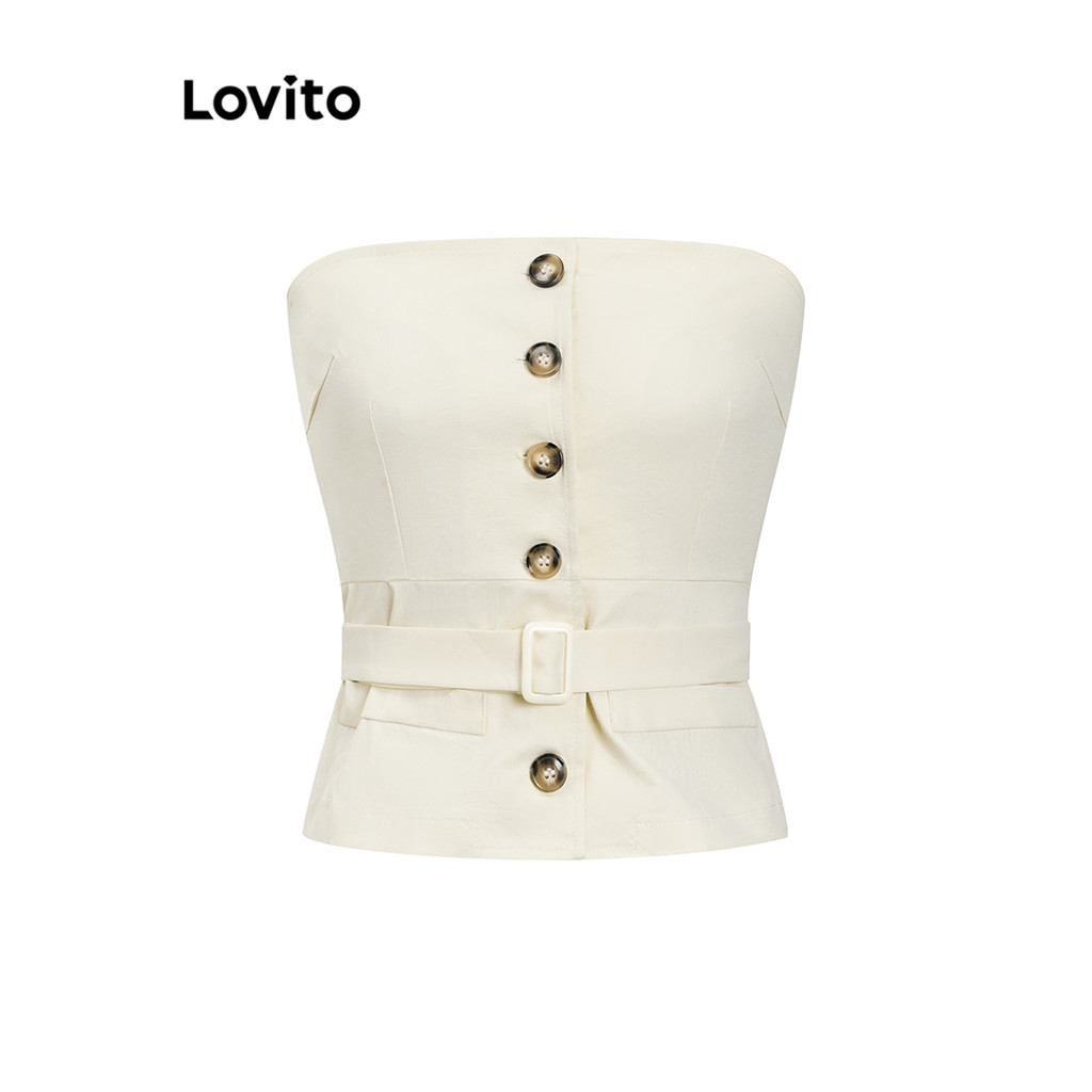 Lovito เสื้อกล้ามผู้หญิงกระดุมธรรมดาหรูหราสง่างามกระดุมธรรมดาด้านหน้าเข็มขัดปลอมสำหรับผู้หญิง L106AD878