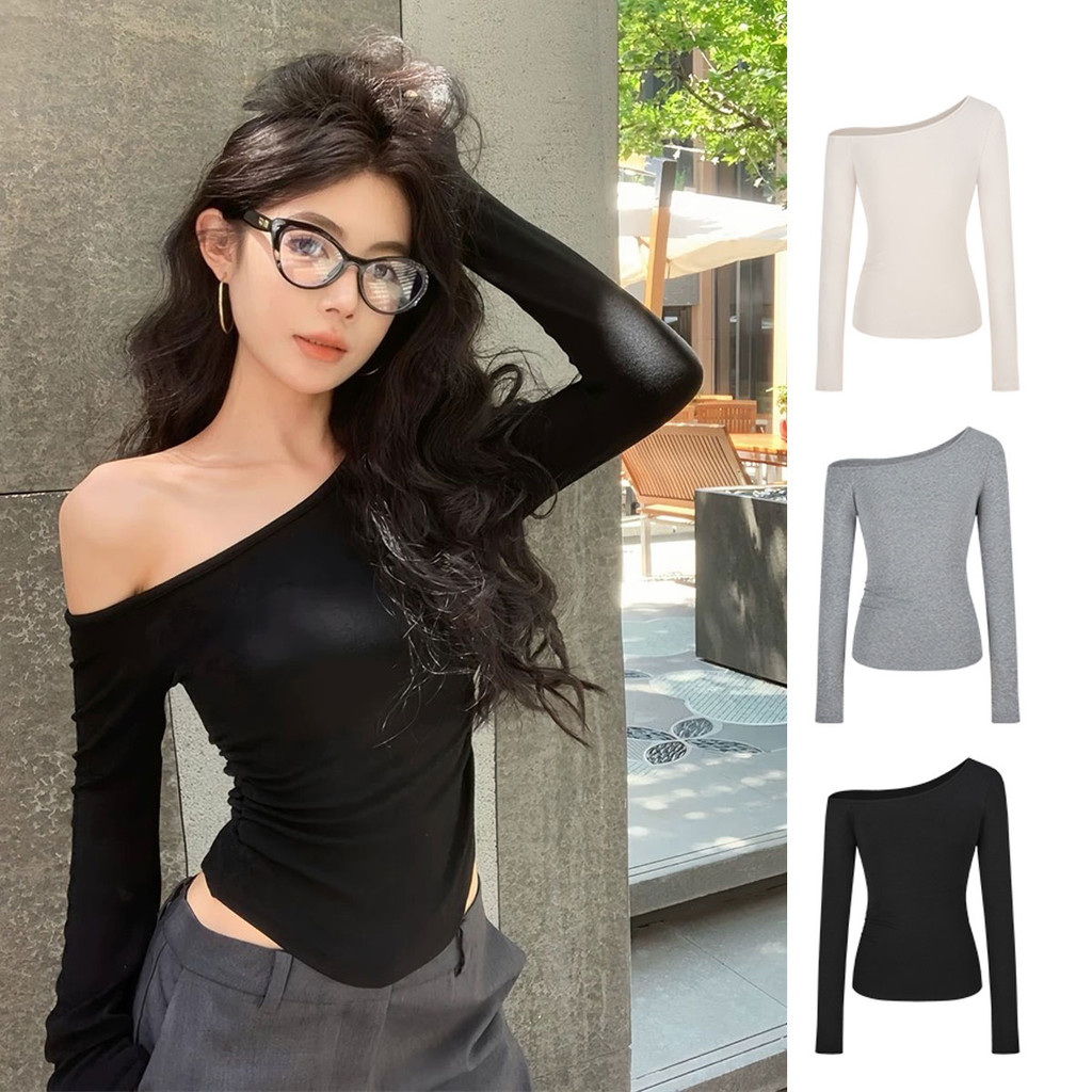 Dahong 2666 เสื้อแขนยาวผู้หญิง เสื้อเบลาส์เปิดไหล่แฟชั่นสตรีครอป แฟชั่น สีพื้น