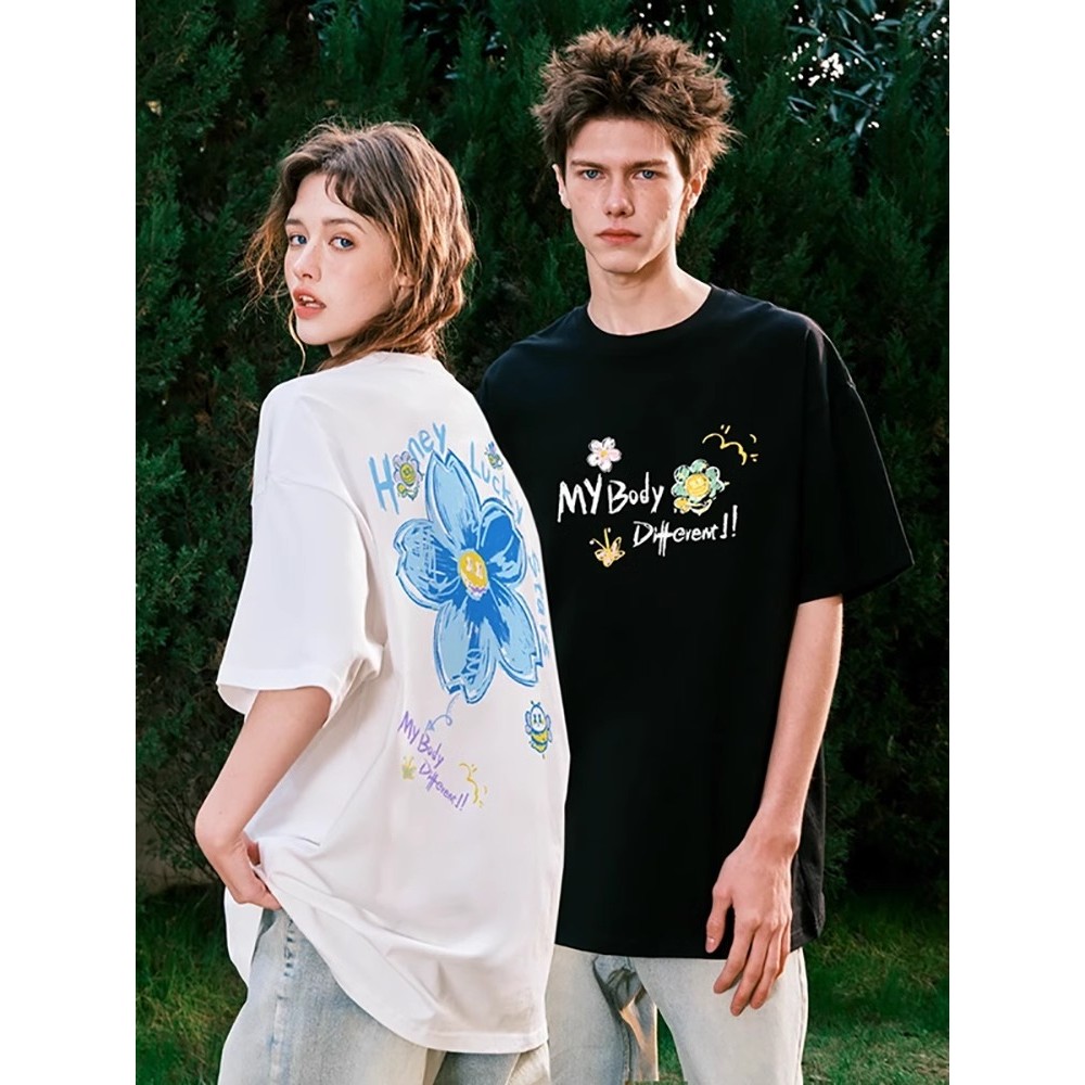 (พร้อมส่ง) เสื้อยืดผ้าฝ้ายแท้ คอกลม แขนสั้น เสื้อเชิ้ตลำลอง เสื้อยืด oversize ลำลอง พิมพ์ลายดอกซากุระสองด้าน T-shirt