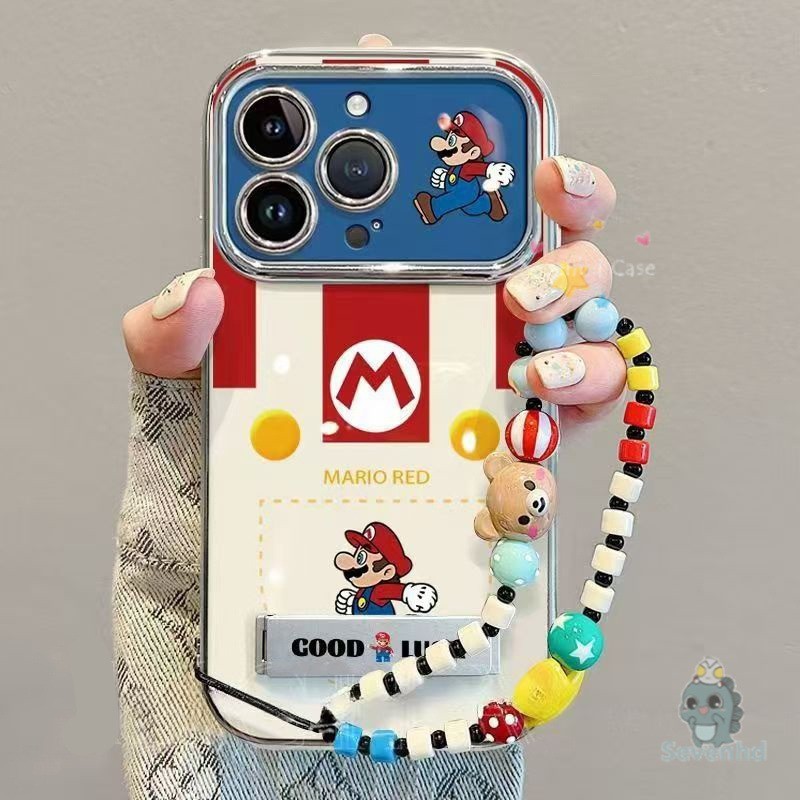น่ารักsuper Marioปลอก + โซ่ + สําหรับiPhone 11 16 15 14 13 12 Pro Xr X Xs Max 7 8 6 6s Plus case Insแฟชั่นเคสโทรศัพท์สําหรับเล่นเกมหรูหราชุบกันกระแทกฝาหลังป้องกัน