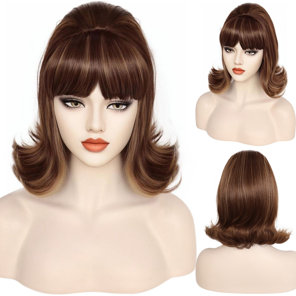 ผมสังเคราะห์สั้น 70 S Pinup Pelucas 60 S สีน้ําตาลผสมสีบลอนด์ Retro Beehive Flip Wigs สําหรับผู้หญิงคอสเพลย์วิกผม