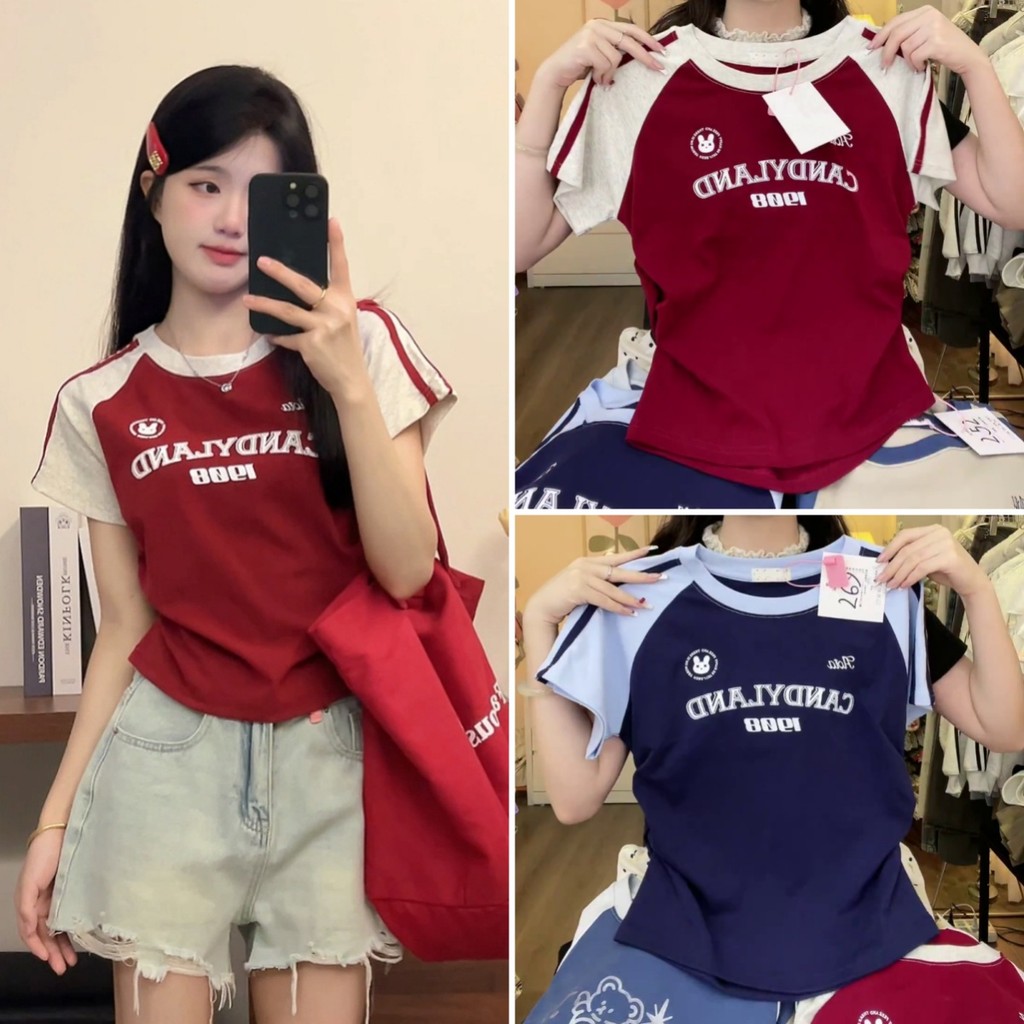 Betty house🌸พร้อมส่ง เสื้อยืดแขนสั้นผู้หญิง เสื้อยืดพิมพ์ลาย ดีไซน์จีบด้านข้าง เเฟชั่น ย้อนยุค แผงสั้น