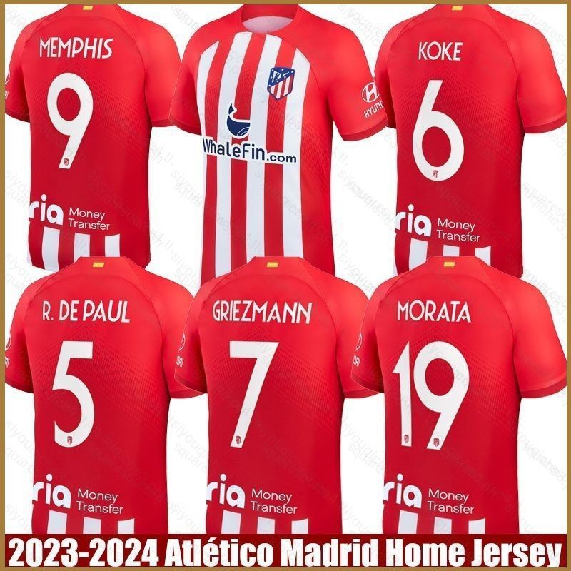 2023-2024 Atletico Madrid Home Jersey Koke Memphis Griezmann Morata DePaul Thirs Sports Tee Plus Size