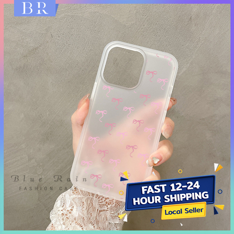 สําหรับ Iphone 16 15 14 12 13 11 Pro Max 7 8 Plus X XS XR A โบว์สีชมพูเคสฝ้าใส