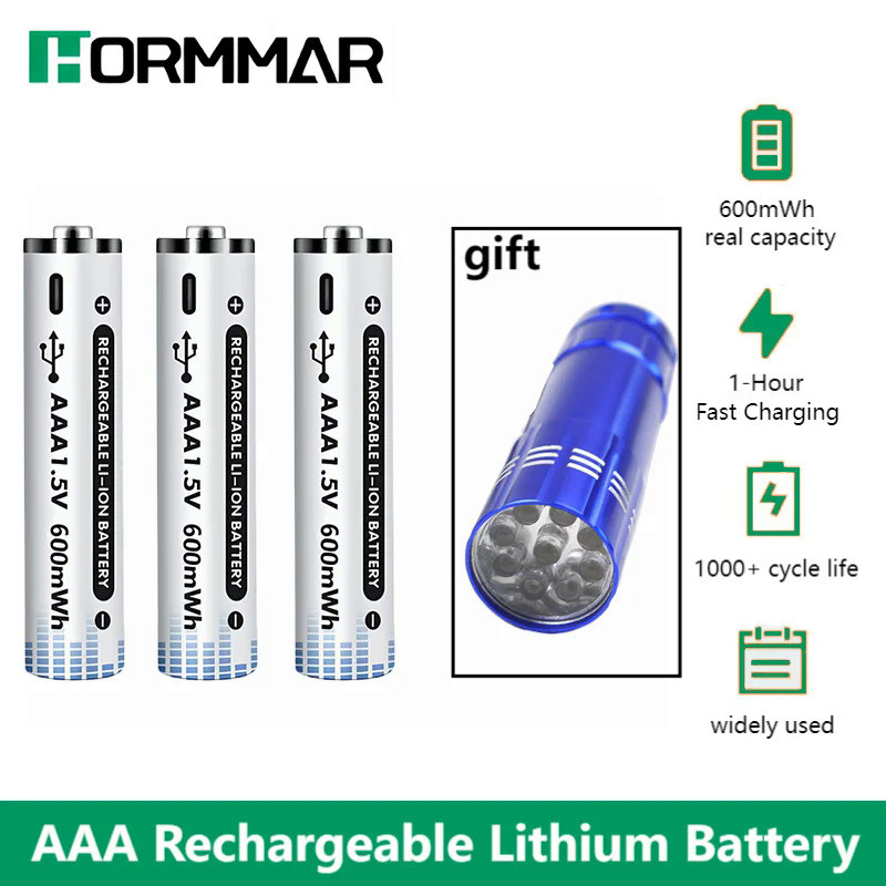 3/6/9PC Li-Ion AAA Rechargeable Battery 1.5V 600mWh Lithium Battery Aaa USB charge Lithium Batteries