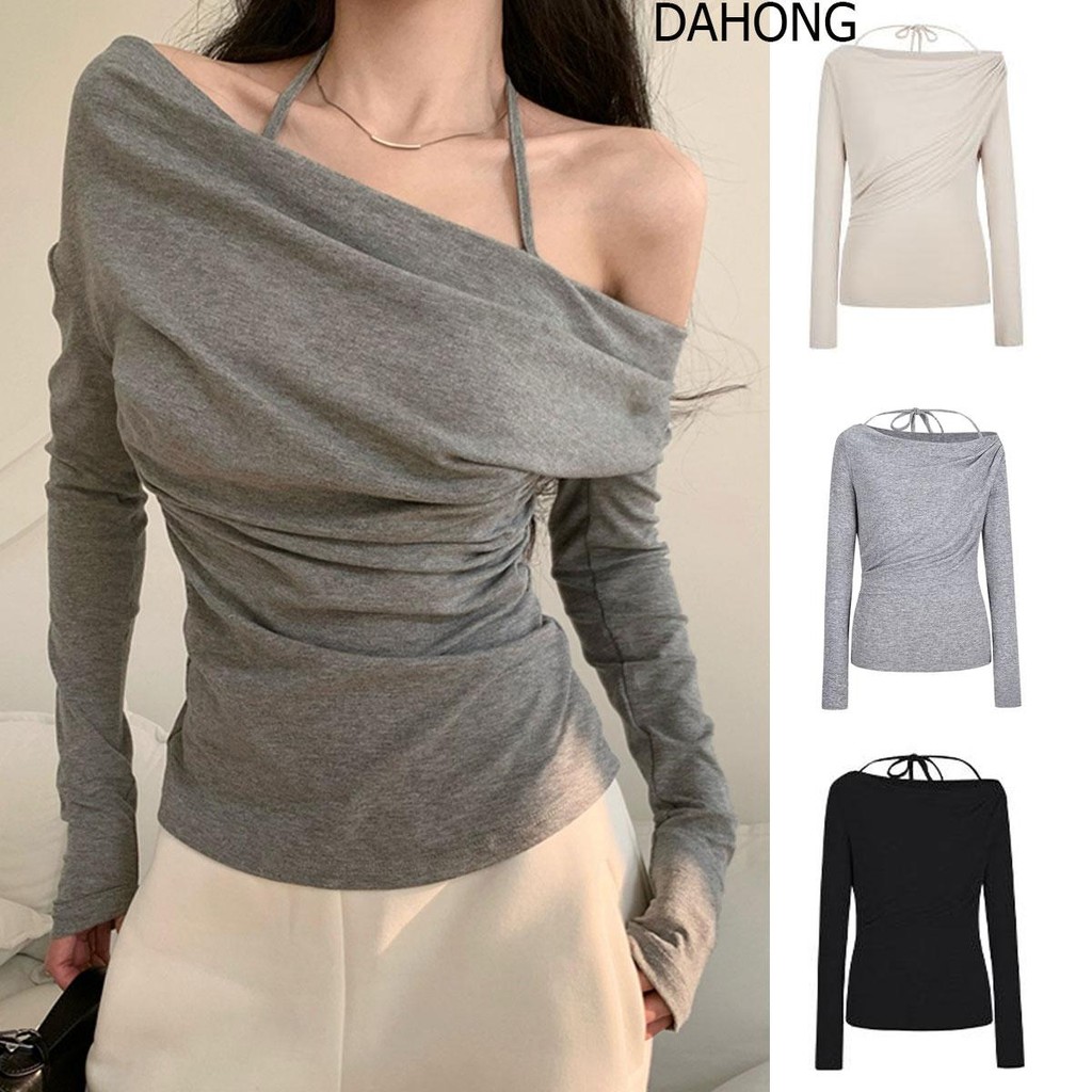 Dahong 2678 เสื้อครอปปาดไหล่แขนยาว สีพื้น สม็อคไหล่ ผ้าฟลีซ นุ่มหนาให้ความอบอุ่น สม็อคเอวข้างขวาเข้ารูป เสื้อครอปสีพื้น