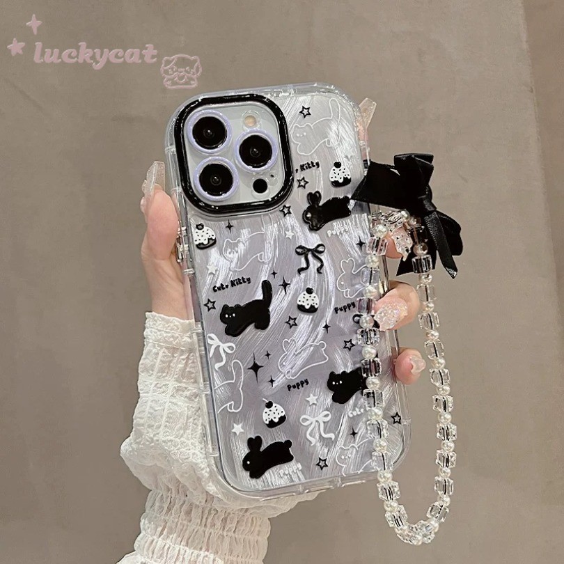 Iphone 16 15 14 13 12 11 Pro Max X Xr Xs Max 7 8 Plus SE2020 เคสโทรศัพท์ Ins กระต่ายสีดําน่ารักและแมว + Lanyard Bling Clear ฝาครอบโทรศัพท์
