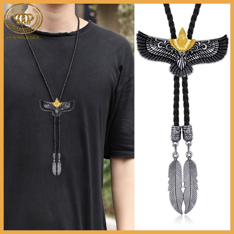 Han Mens โลหะ Flying Eagle Feathered จี้ Bolo Tie หนังเชือกเนคไทสร้อยคอเสื้อคอโซ่คาวบอย Neckwear