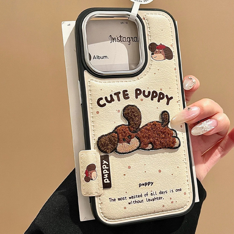 หนังน่ารักปักดัชชุนสุนัขเคสโทรศัพท์สําหรับiphone16 Pro Max 15 14 13 Pro Maxกันกระแทกกล้องป้องกันDrop-proof Hardปกหลัง