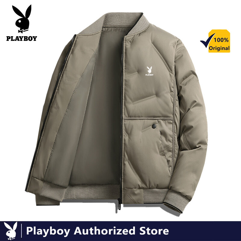 Playboy Down Coat Mens Baseball Collar Coat Winter Solid Color Leisure Thickenin
