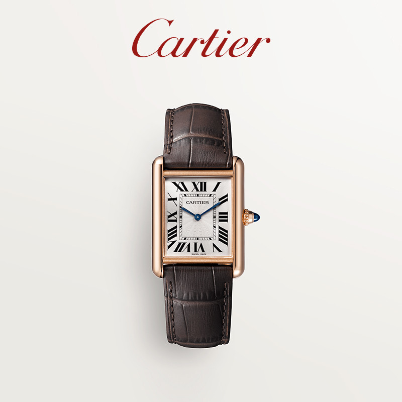 Cartier Cartier Official Tank นาฬิกา Louis Rose Gold นาฬิกาสายหนังจระเข้