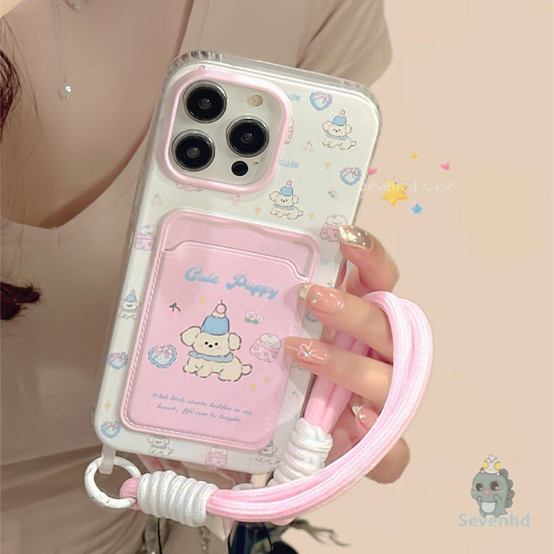 น่ารักลูกสุนัขผู้ถือบัตรปลอกสีชมพู+โซ่สําหรับiphone 11 6 6s Plus 13 14 15 16 12 Pro Max 8 7 Xr X Xs Maxการ์ตูนสัตว์เลี้ยงสุนัขCelebratingเคสโทรศัพท์กันกระแทกป้องกันปกหลัง
