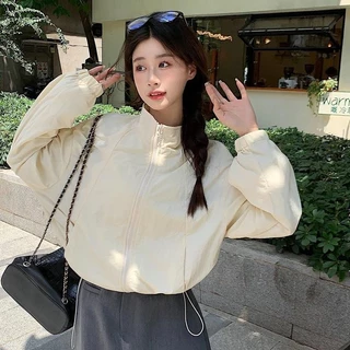 cherryshop พร้อมส่ง แจ็คเก็ตกันแดดกันแดดสั้นแฟชั่นสําหรับผู้หญิงรุ่นเกาหลี การออกแบบซิปและเชือกผูก ทรงสวย สุดฮิต