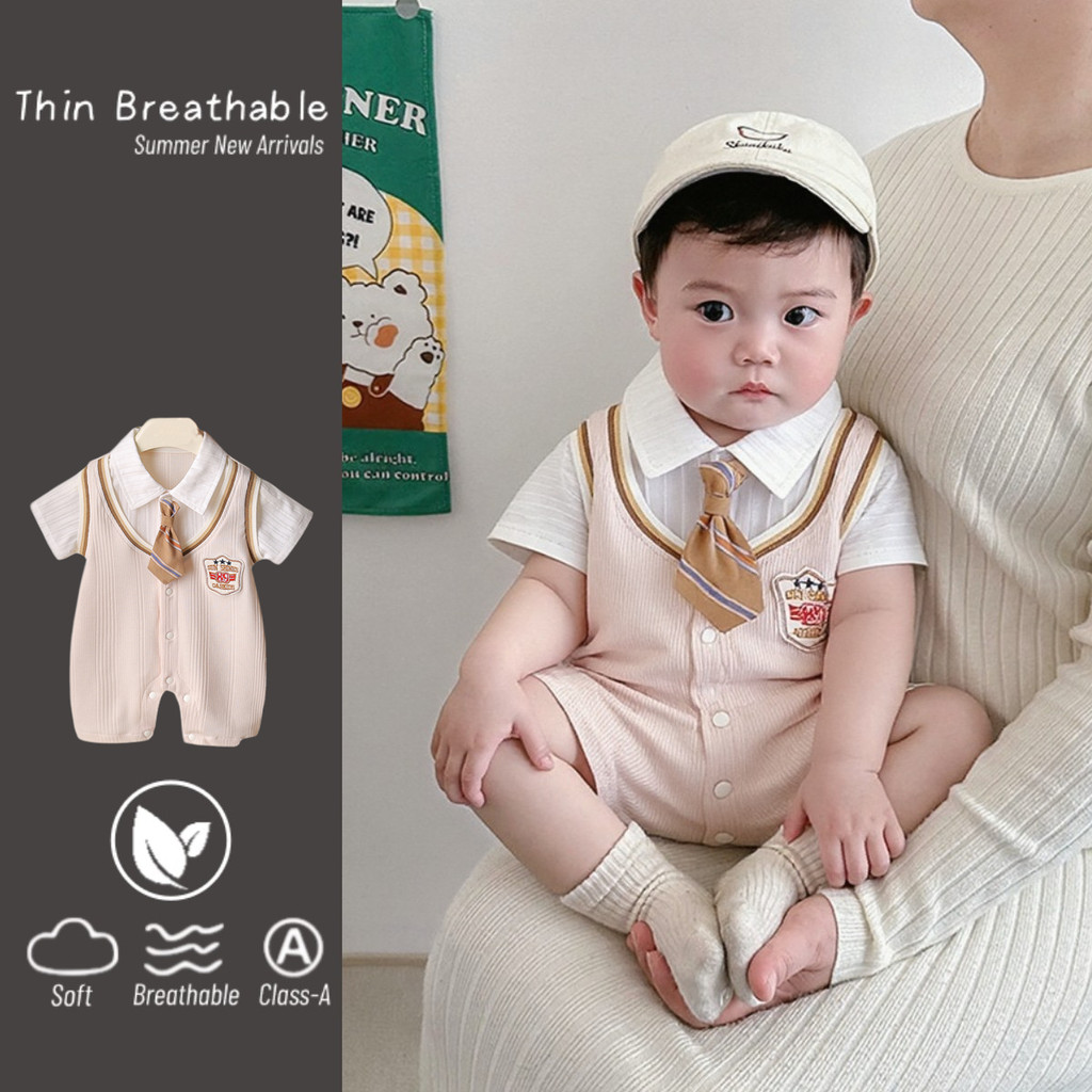 ฤดูร้อนใหม่เสื้อผ้าเด็กชายสุภาพบุรุษบอดี้สูท 0-28 เดือน Super หล่อ Splicing Tie Romper วันเกิด & Baptism