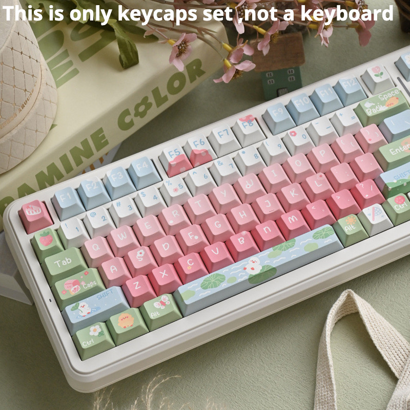 Thai PBT keycap Cherry Spring Outing Duckling สีชมพูสีเขียวรูปแบบบุคลิกภาพ PBT ปุ่มกดระเหิดห้าด้านเต็มรูปแบบ Adapt To 61/64/67/68/71/75/78/82/84/87/96/98/100/104/108