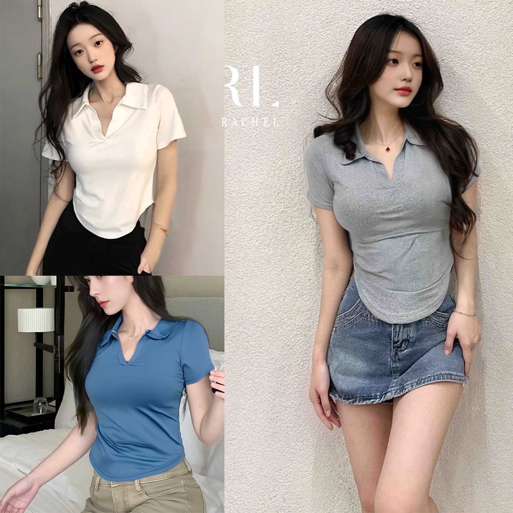 เสื้อยืดคอวีเข้ารูปแฟชั่นวินเทจ สวยชิค