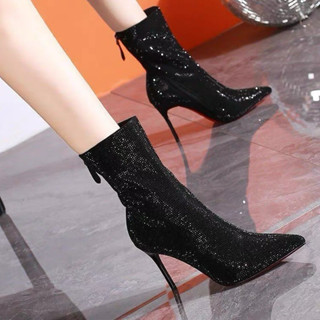 🇹🇭ส่งแมสได้🇹🇭 รองเท้าบูทคริสตัลส้นเข็มสูง 3.5 นิ้ว มี2สี มีซ…