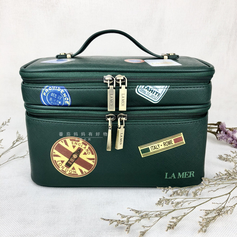 Sea Blue Mystery LA MER Green Retro Double-Layer Large-ความจุแบบพกพาเครื่องสําอางแยกกระเป๋าเครื่องสําอางกระเป๋าแป้ง
