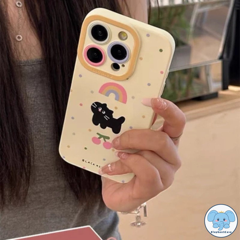 สำหรับ IPhone 16 XR 7Plus 13 16 11 15 12 14 Pro Max XS X Max 16 7 15 8 Plus แบล็กคิตตี้น่ารักเชอร์รี่สายรุ้ง TPU เคสนุ่ม